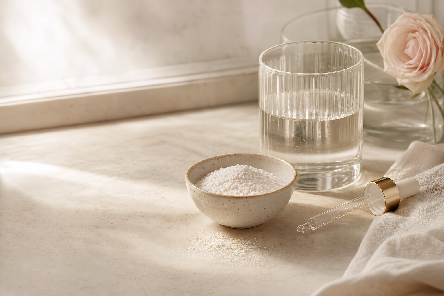 Stillleben mit Wasser, Collagen-Pulver und Beauty-Routine